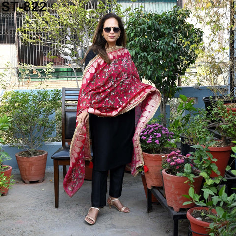 Red Floral Organza Dupatta | Gold Brocade Border | Indian Printed Wedding Scarf | Party Wear Lightweight Dupatta | Women Ethnic Bridal Veil