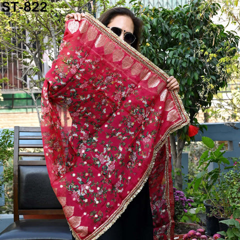 Red Floral Organza Dupatta | Gold Brocade Border | Indian Printed Wedding Scarf | Party Wear Lightweight Dupatta | Women Ethnic Bridal Veil
