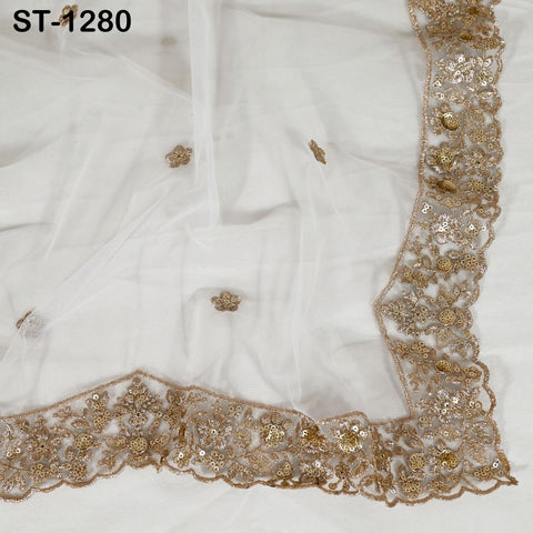 Full-length view of lightweight dyeable dupatta with scallop embroidered edges.