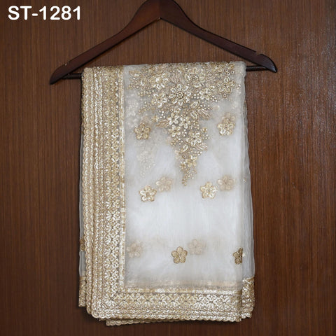 Zari Embroidered Dyeable Dupatta, Organza Stole with Gold Scalloped Border, Bridal Wedding Shawl, Custom Color Chunni