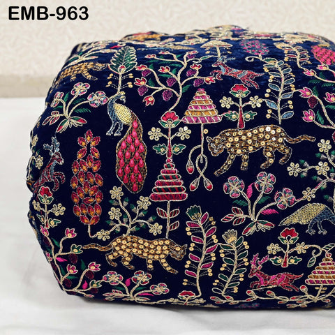 Blue Indian Embroidered Velvet Fabric by the yard Sewing DIY Crafting Wedding Dress Costumes Doll Bags Cushion Covers Table Runner Quilting