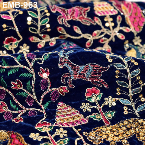 Blue Indian Embroidered Velvet Fabric by the yard Sewing DIY Crafting Wedding Dress Costumes Doll Bags Cushion Covers Table Runner Quilting