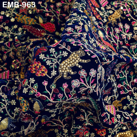 Blue Indian Embroidered Velvet Fabric by the yard Sewing DIY Crafting Wedding Dress Costumes Doll Bags Cushion Covers Table Runner Quilting