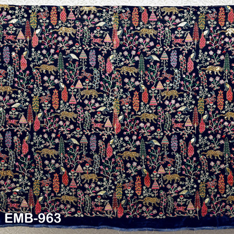 Blue Indian Embroidered Velvet Fabric by the yard Sewing DIY Crafting Wedding Dress Costumes Doll Bags Cushion Covers Table Runner Quilting