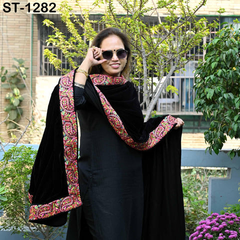 Black Velvet Shawl Dupatta – Embroidered Floral Border Wrap for Bridal, Partywear & Groom Sherwani