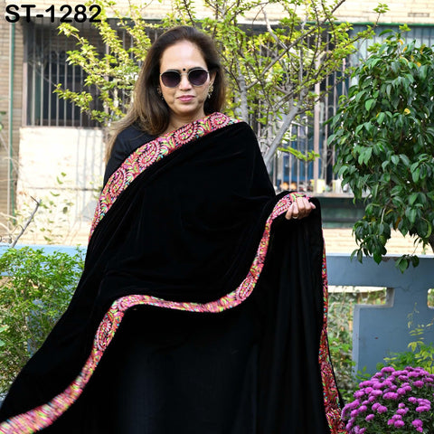 Black Velvet Shawl Dupatta – Embroidered Floral Border Wrap for Bridal, Partywear & Groom Sherwani