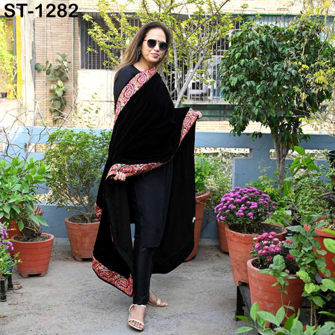 Black Velvet Shawl Dupatta – Embroidered Floral Border Wrap for Bridal, Partywear & Groom Sherwani