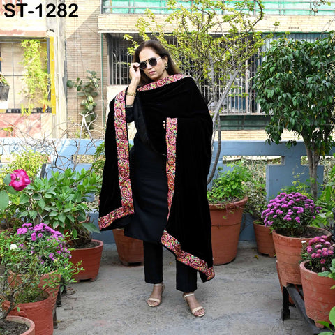 Black Velvet Shawl Dupatta – Embroidered Floral Border Wrap for Bridal, Partywear & Groom Sherwani