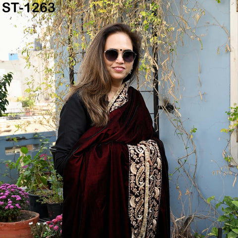 Burgundy Velvet Shawl Dupatta – Embroidered Floral Border Wrap for Bridal, Partywear & Groom Sherwani