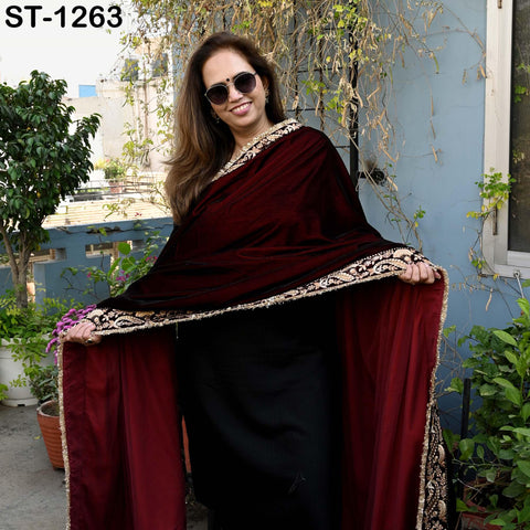 Burgundy Velvet Shawl Dupatta – Embroidered Floral Border Wrap for Bridal, Partywear & Groom Sherwani