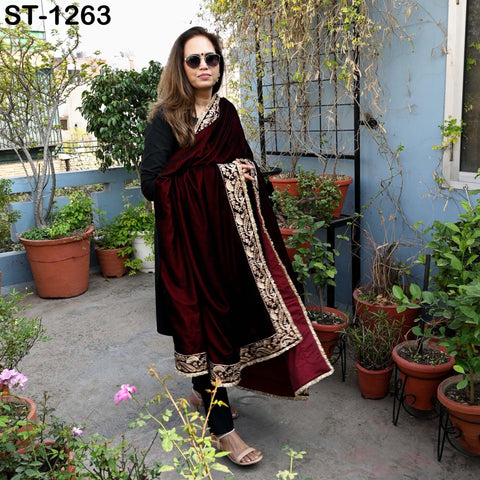 Burgundy Velvet Shawl Dupatta – Embroidered Floral Border Wrap for Bridal, Partywear & Groom Sherwani