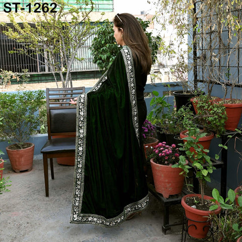 Green Velvet Shawl Designer Dupatta Embroidery on edge Gift for Women Indian Embroidered Chunni Bridal Veil Lehenga Festival Punjabi Wedding