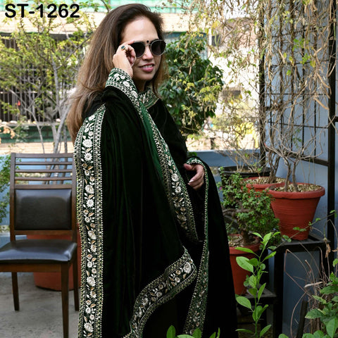 Green Velvet Shawl Designer Dupatta Embroidery on edge Gift for Women Indian Embroidered Chunni Bridal Veil Lehenga Festival Punjabi Wedding