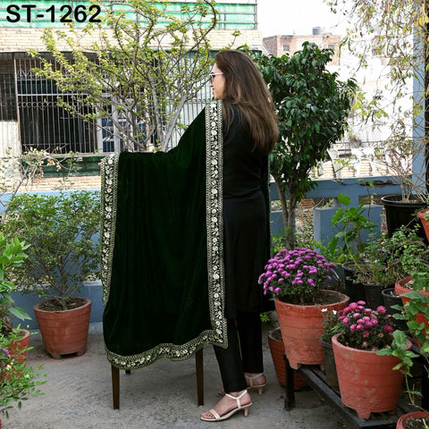 Green Velvet Shawl Designer Dupatta Embroidery on edge Gift for Women Indian Embroidered Chunni Bridal Veil Lehenga Festival Punjabi Wedding
