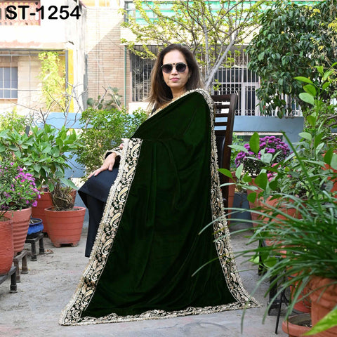Green Velvet Shawl Dupatta – Embroidered Floral Border Wrap for Bridal, Partywear & Groom Sherwani