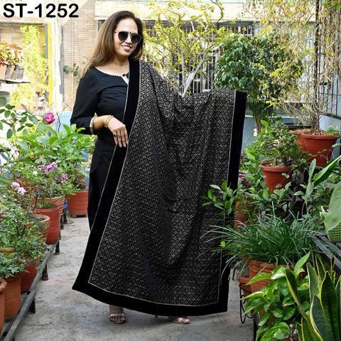 Black Velvet Embroidered Shawl Dupatta for Bridal Wear, Wedding Stole, Groom Sherwani Heavy Geometric Embroidery Scarf, Festive Wrap