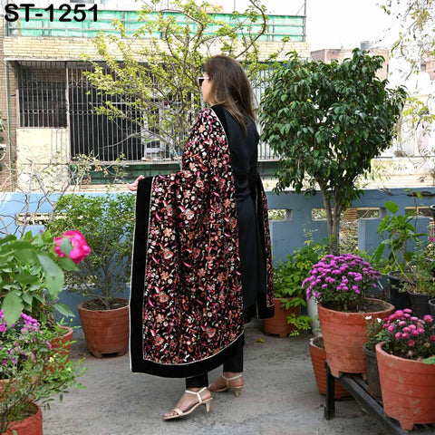 Embroidered Velvet Shawl Dupatta – Black Designer Velvet Wrap with Sequin Floral Border for Wedding, Bridal, Partywear