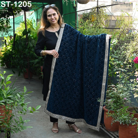 Teal Embroidered Velvet Shawl Designer Dupatta Embroidery on edges Gift Indian Chunni Bridal Veil Lehenga Festival Punjabi Wedding