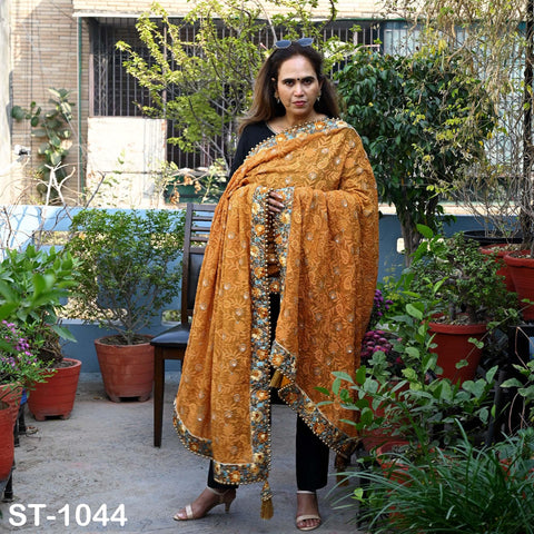 Mustard Yellow Designer Dupatta Chikankari Georgette Chunni, Indian Bridal Veil Lehenga Wedding Wrap Stole Haldi, Gift for Mother