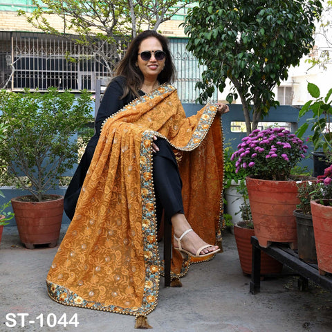 Mustard Yellow Designer Dupatta Chikankari Georgette Chunni, Indian Bridal Veil Lehenga Wedding Wrap Stole Haldi, Gift for Mother