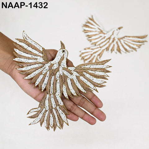 Embroidered Flying Bird Appliqués (2 Pair): Gold Zari Thread, Beaded Indian Patches (6 Inch)