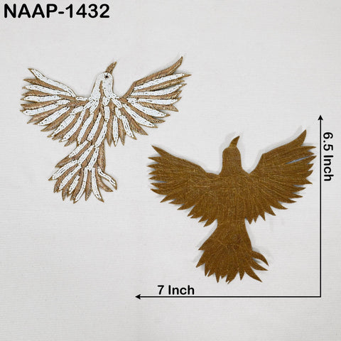Embroidered Flying Bird Appliqués (2 Pair): Gold Zari Thread, Beaded Indian Patches (6 Inch)
