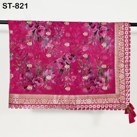 Magenta Floral Organza Dupatta | Gold Brocade Border Indian Printed Wedding Scarf | Gift for Women Party Wear Lightweight Ethnic Dupatta