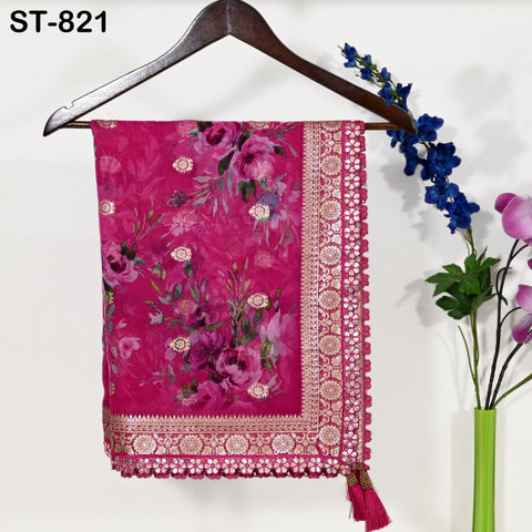 Magenta Floral Organza Dupatta | Gold Brocade Border Indian Printed Wedding Scarf | Gift for Women Party Wear Lightweight Ethnic Dupatta