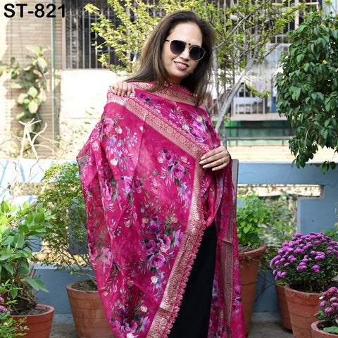Magenta Floral Organza Dupatta | Gold Brocade Border Indian Printed Wedding Scarf | Gift for Women Party Wear Lightweight Ethnic Dupatta