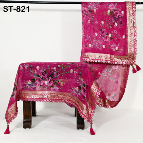 Magenta Floral Organza Dupatta | Gold Brocade Border Indian Printed Wedding Scarf | Gift for Women Party Wear Lightweight Ethnic Dupatta