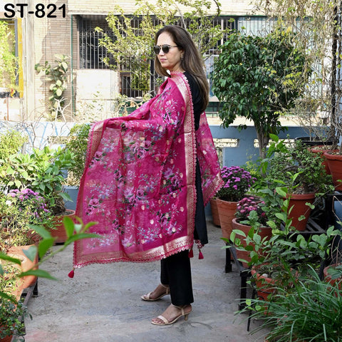 Magenta Floral Organza Dupatta | Gold Brocade Border Indian Printed Wedding Scarf | Gift for Women Party Wear Lightweight Ethnic Dupatta