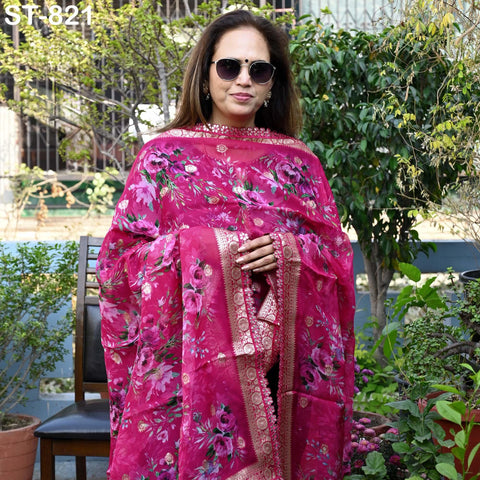 Magenta Floral Organza Dupatta | Gold Brocade Border Indian Printed Wedding Scarf | Gift for Women Party Wear Lightweight Ethnic Dupatta