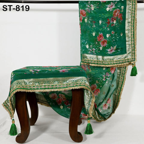 Green Floral Organza Dupatta | Gold Brocade Border | Indian Printed Wedding Scarf | Women Party Wear Lightweight Dupatta, Ethnic Bridal Veil