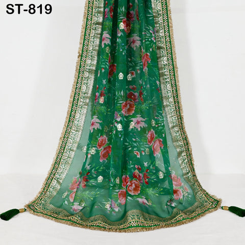 Green Floral Organza Dupatta | Gold Brocade Border | Indian Printed Wedding Scarf | Women Party Wear Lightweight Dupatta, Ethnic Bridal Veil