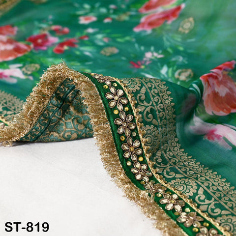 Green Floral Organza Dupatta | Gold Brocade Border | Indian Printed Wedding Scarf | Women Party Wear Lightweight Dupatta, Ethnic Bridal Veil