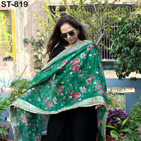 Green Floral Organza Dupatta | Gold Brocade Border | Indian Printed Wedding Scarf | Women Party Wear Lightweight Dupatta, Ethnic Bridal Veil