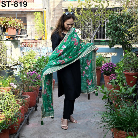 Green Floral Organza Dupatta | Gold Brocade Border | Indian Printed Wedding Scarf | Women Party Wear Lightweight Dupatta, Ethnic Bridal Veil