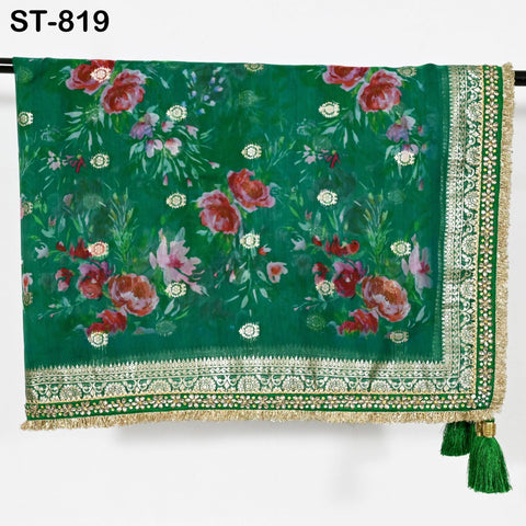 Green Floral Organza Dupatta | Gold Brocade Border | Indian Printed Wedding Scarf | Women Party Wear Lightweight Dupatta, Ethnic Bridal Veil