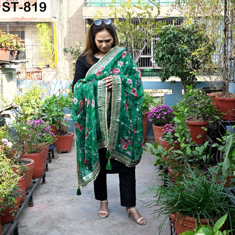 Green Floral Organza Dupatta | Gold Brocade Border | Indian Printed Wedding Scarf | Women Party Wear Lightweight Dupatta, Ethnic Bridal Veil