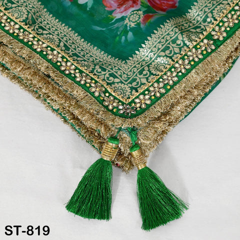 Green Floral Organza Dupatta | Gold Brocade Border | Indian Printed Wedding Scarf | Women Party Wear Lightweight Dupatta, Ethnic Bridal Veil