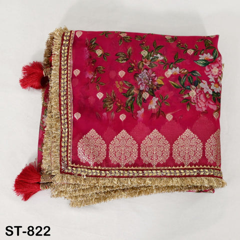 Red Floral Organza Dupatta | Gold Brocade Border | Indian Printed Wedding Scarf | Party Wear Lightweight Dupatta | Women Ethnic Bridal Veil