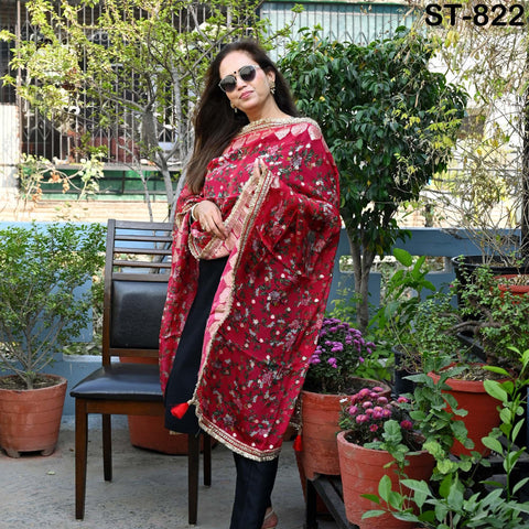 Red Floral Organza Dupatta | Gold Brocade Border | Indian Printed Wedding Scarf | Party Wear Lightweight Dupatta | Women Ethnic Bridal Veil