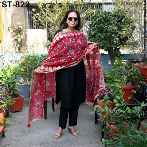 Red Floral Organza Dupatta | Gold Brocade Border | Indian Printed Wedding Scarf | Party Wear Lightweight Dupatta | Women Ethnic Bridal Veil