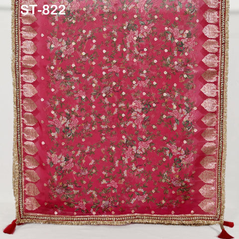 Red Floral Organza Dupatta | Gold Brocade Border | Indian Printed Wedding Scarf | Party Wear Lightweight Dupatta | Women Ethnic Bridal Veil