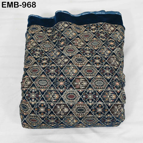 Teal Embroidery Velvet Fabric by the yard for Wedding Dress Regency Reticules, Victorian Handbags, Clutches, Marie Antoinette Junk Journal