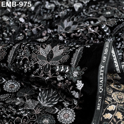 Black Indian Embroidered Velvet Fabric by the yard Sewing DIY Crafting Wedding Dress Costumes Doll Cushion Cover Table Runner Quilting