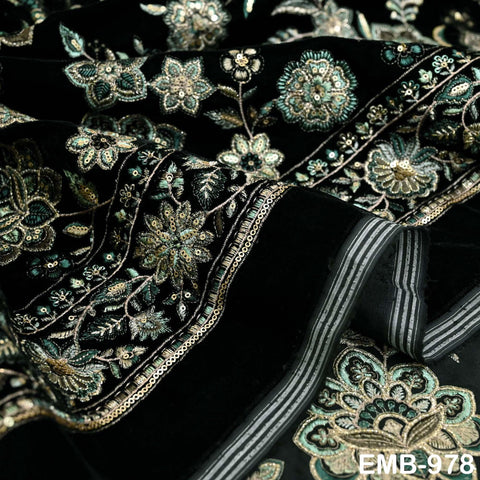 Black Indian Embroidered Velvet Fabric by the yard Sewing DIY Crafting Wedding Dress Costumes Doll Bags Cushion Covers Table Runner Quilting