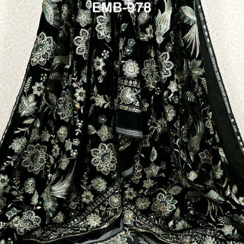 Black Indian Embroidered Velvet Fabric by the yard Sewing DIY Crafting Wedding Dress Costumes Doll Bags Cushion Covers Table Runner Quilting