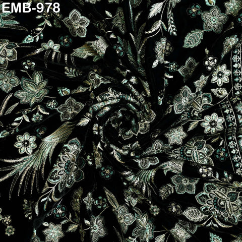 Black Indian Embroidered Velvet Fabric by the yard Sewing DIY Crafting Wedding Dress Costumes Doll Bags Cushion Covers Table Runner Quilting