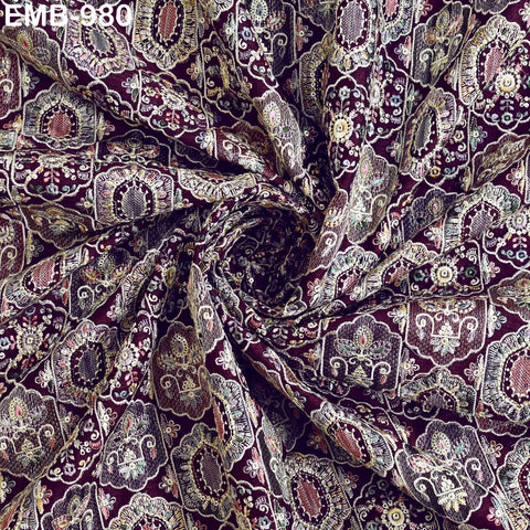 Plum Embroidered Fabric by the yard Sewing DIY Crafting Embroidery Dresses Costumes Regency Reticules Victorian Handbags Junk Journals